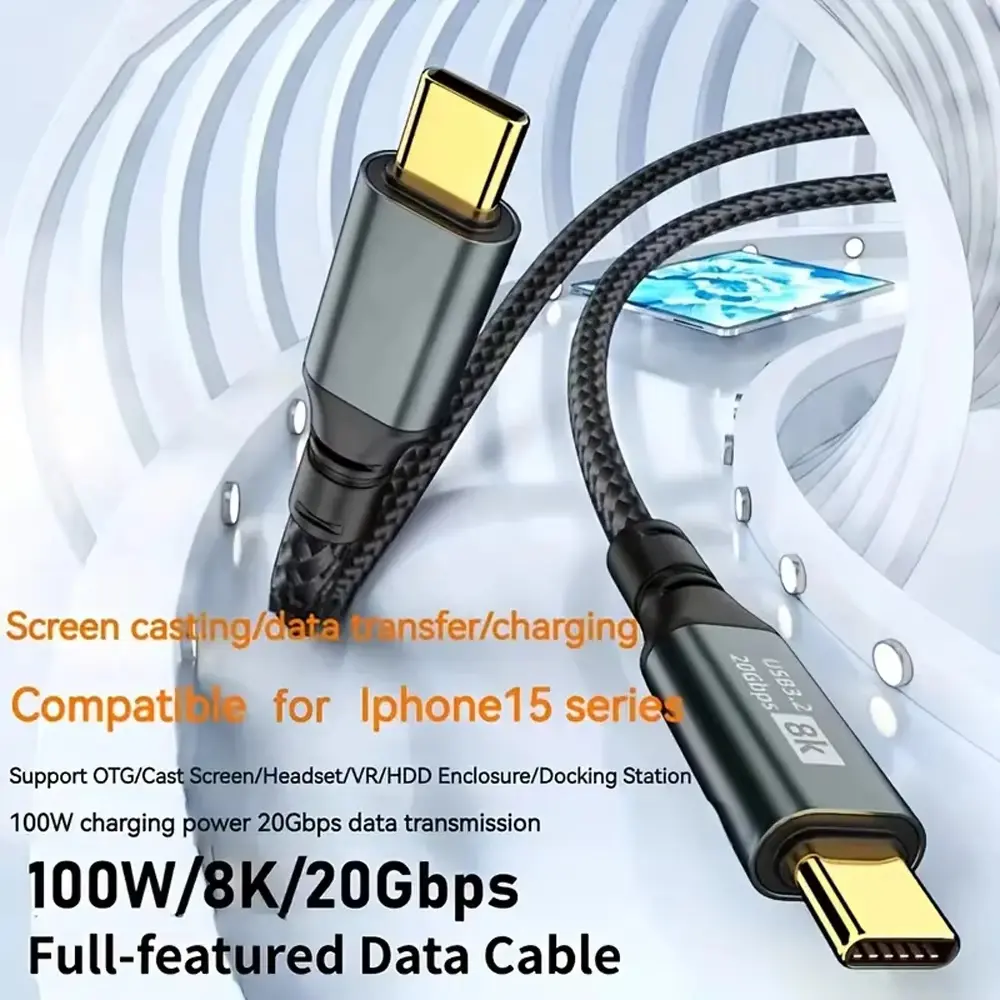 PD 3.2 100W USB C to USB C Cable Type-C Gen2 20Gbps 8K @ 60Hz Video Data Cord for PC Laptop Macbook iPad iPhone 15 Pro Max
