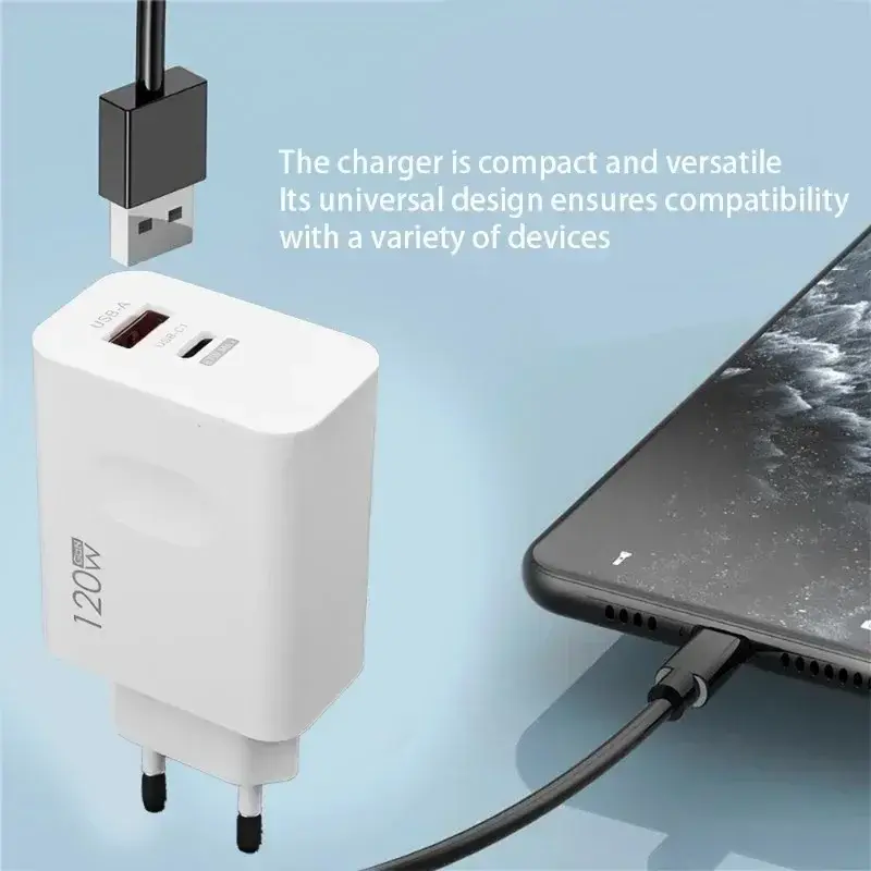 Total 120W USB Charger with Type C Data Cable Fast Charging Mobile Phone Quick Charge Wall Adapter for iPhone 15 Xiaomi Samsung