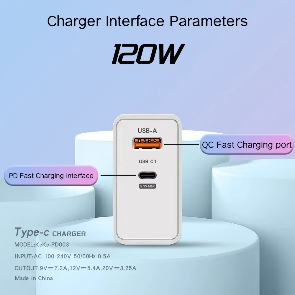 Total 120W USB Charger with Type C Data Cable Fast Charging Mobile Phone Quick Charge Wall Adapter for iPhone 15 Xiaomi Samsung