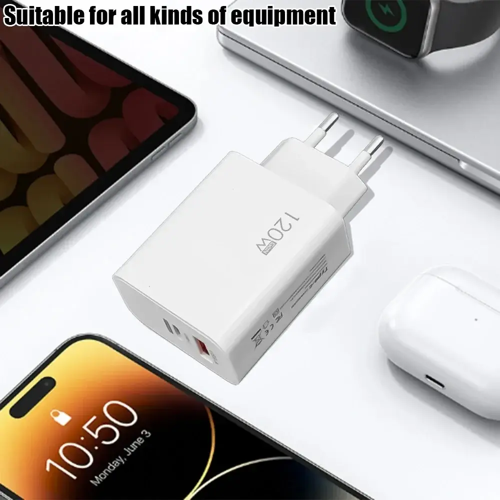 Total 120W USB Charger with Type C Data Cable Fast Charging Mobile Phone Quick Charge Wall Adapter for iPhone 15 Xiaomi Samsung