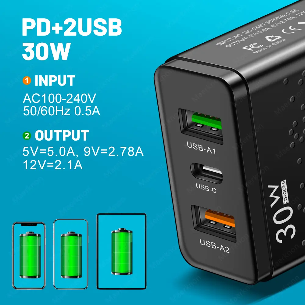 USB C Charger 30W PD Type C Fast Charging Phone Charger Adapter For iPhone Samsung Huawei Xiaomi QC3.0 3 Ports USB Wall Charger