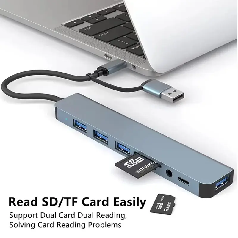 8 in 2 USB +Type C HUB Docking Station with 3.5mm Audio Jack Adapter Micro SD Card Reader Laptop Tablet Phone Disk Converter