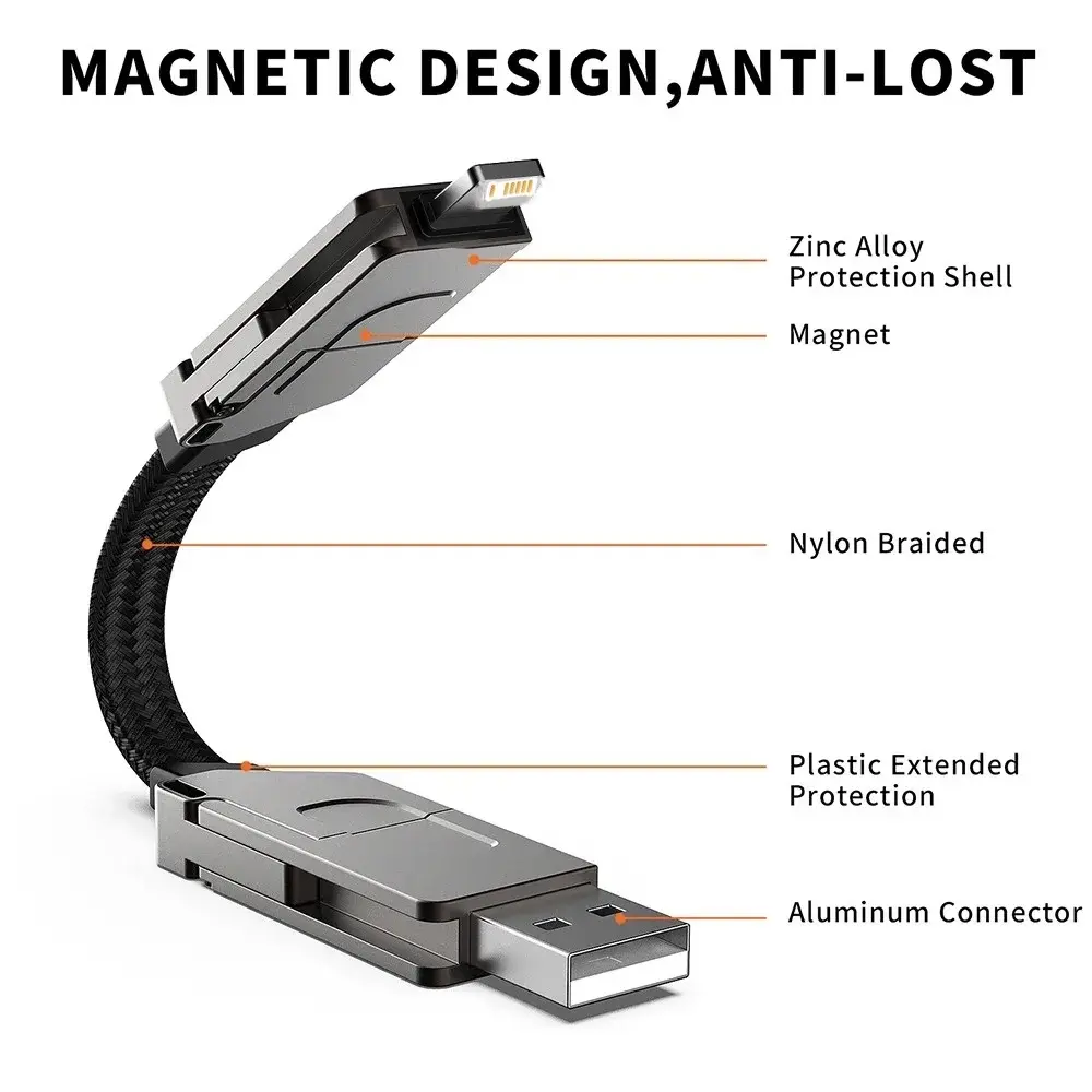 Multi 4 in 1 Fast Charging Data Cable TYPE-C 60W/IOS 27W Quick PD Line Magnetic Attraction Keychain for iPhone Mobile Phone