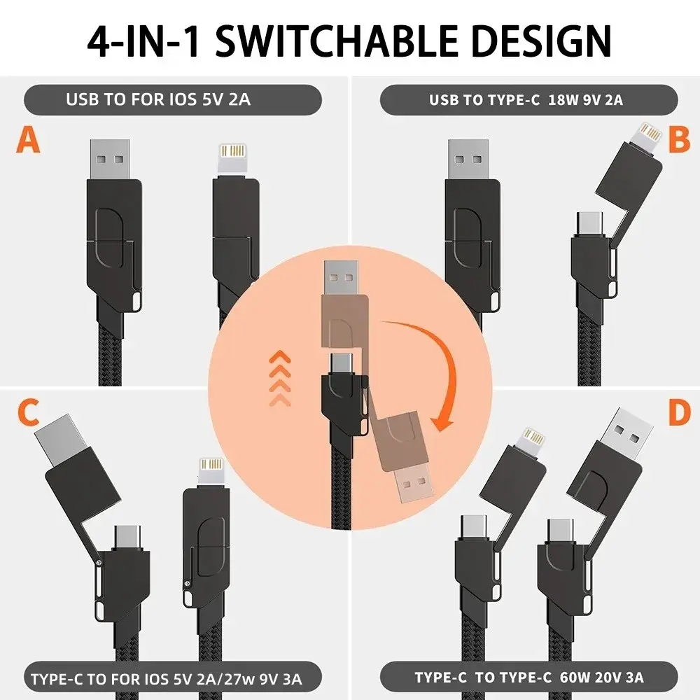 Multi 4 in 1 Fast Charging Data Cable TYPE-C 60W/IOS 27W Quick PD Line Magnetic Attraction Keychain for iPhone Mobile Phone