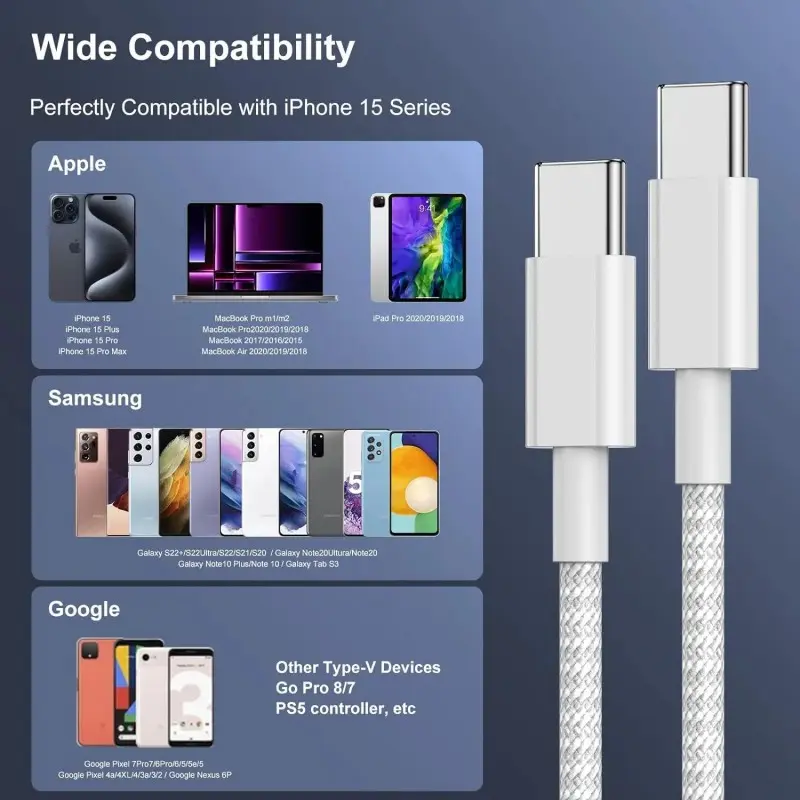 3PCS USB C Cable to USB C 100W Fast Charging Charger Cable Supports Fast Charging For iPhone 16 15 Samsung Xiaomi Huawei etc