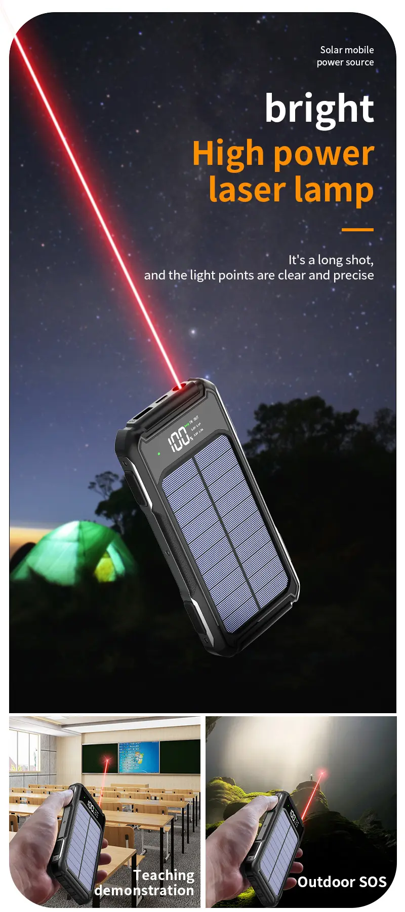 10000/20000mAh Three defenses Portable large capacity solar power bank with 3 charging cable SOS laser light high powerbank USB