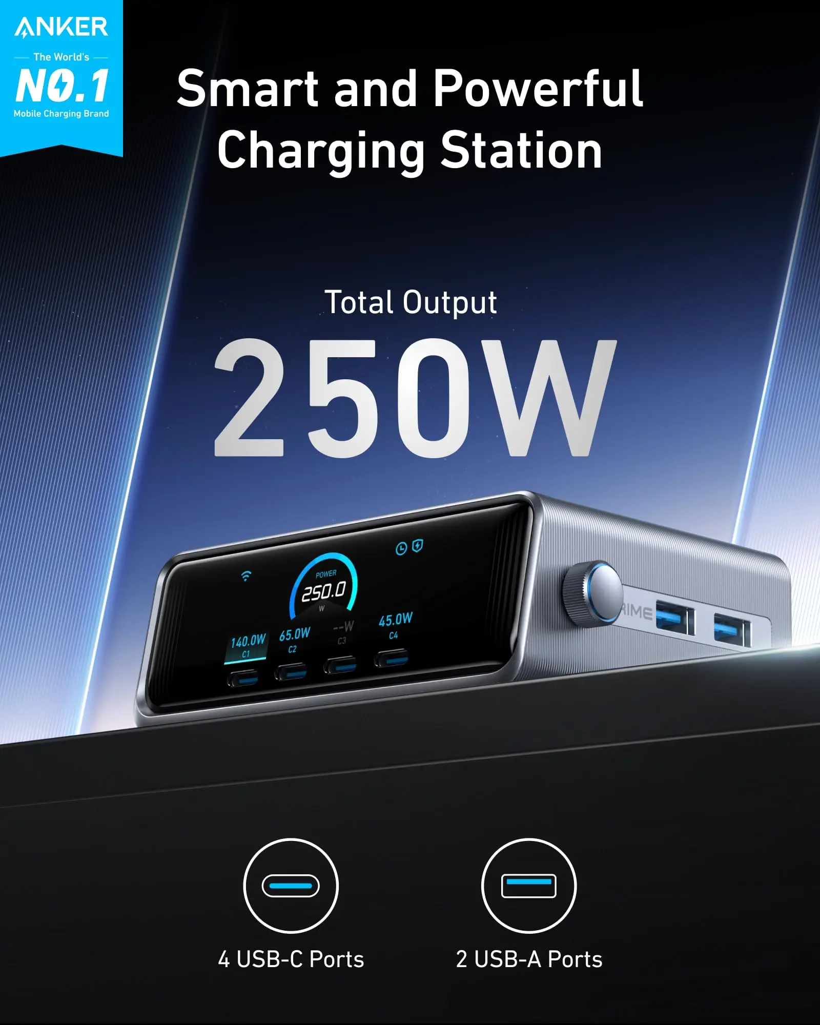 Anker Prime 250W USB-C Charger, Ultra-Fast 6-Port GaN Charging Station, 2.26" LCD Display and Smart Control Dial