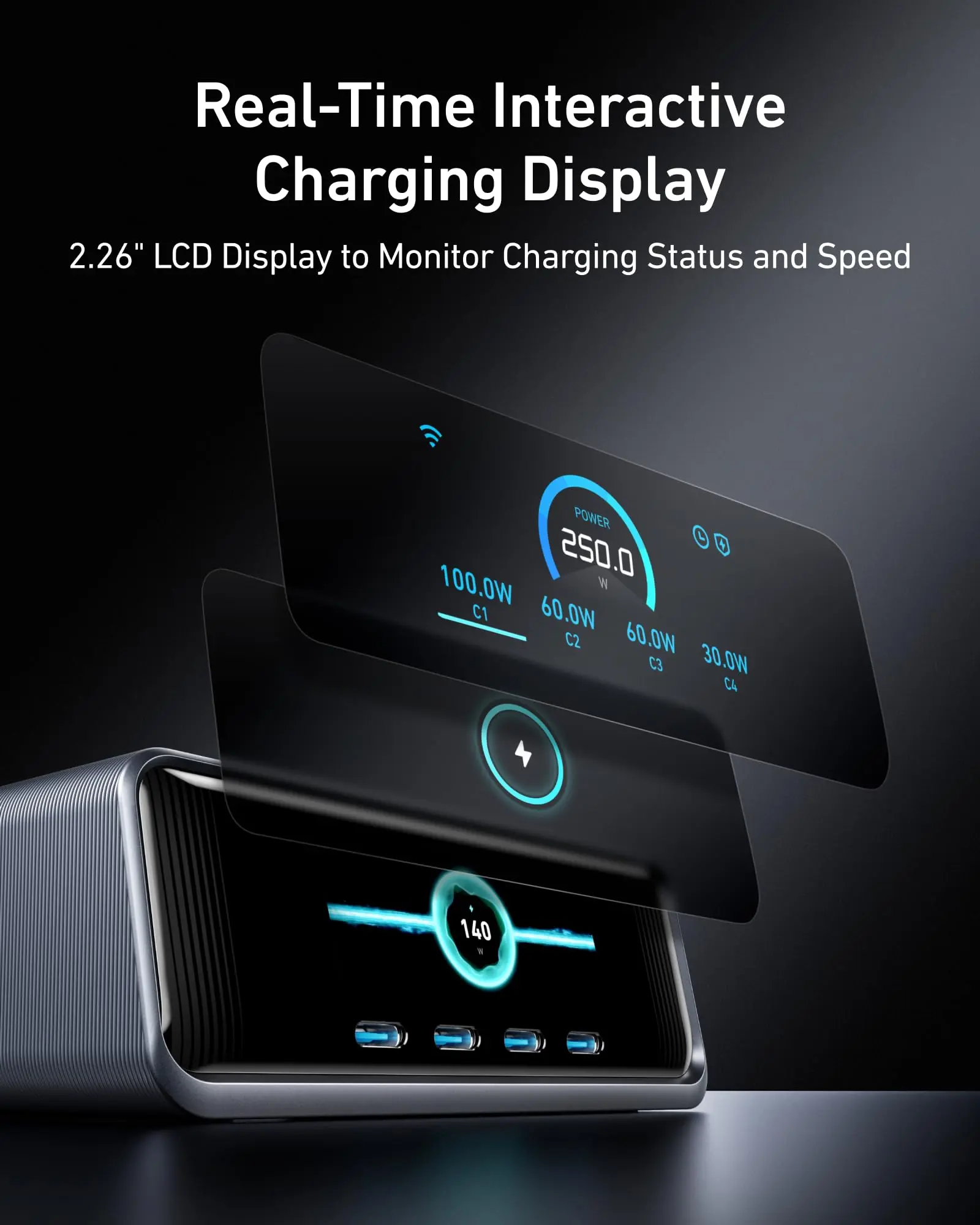 Anker Prime 250W USB-C Charger, Ultra-Fast 6-Port GaN Charging Station, 2.26" LCD Display and Smart Control Dial