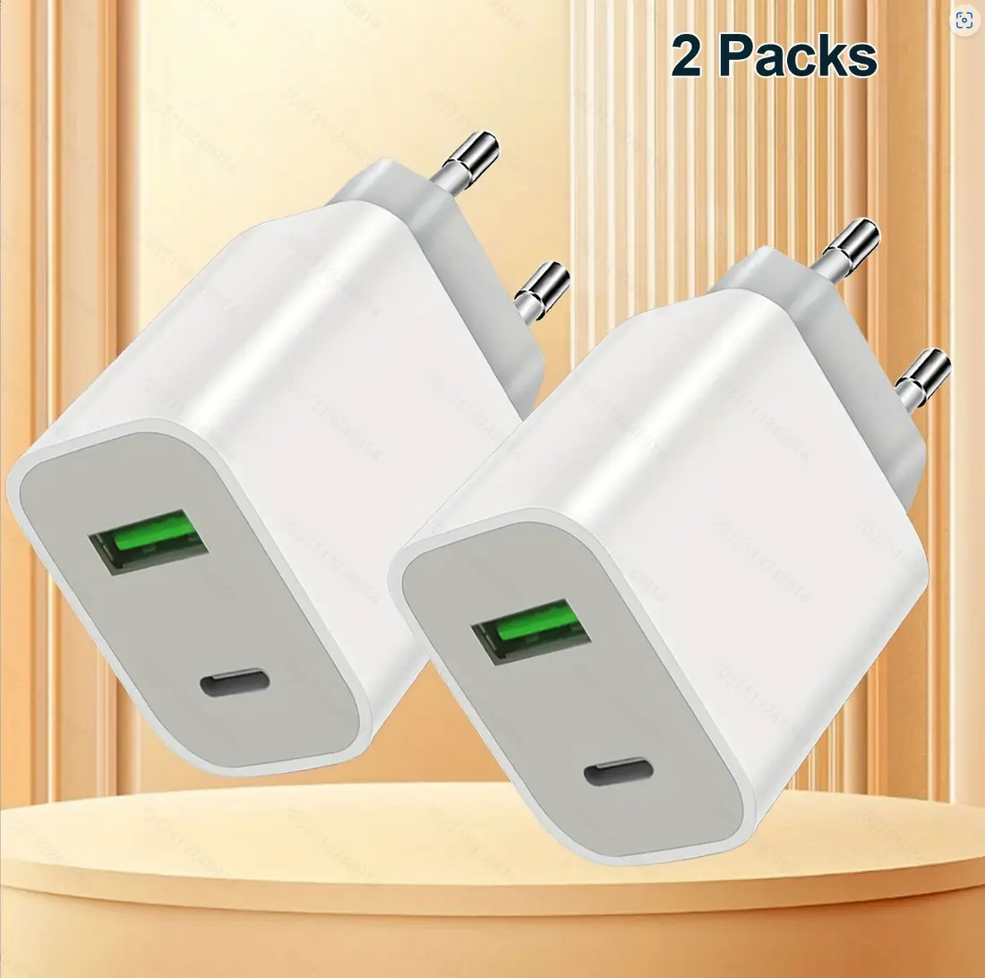2pcs White Fast Charger For Iphone 20w Power Adapter Wall USB Type C Port Fast Plug Fast Charging With Data Cable Suitable