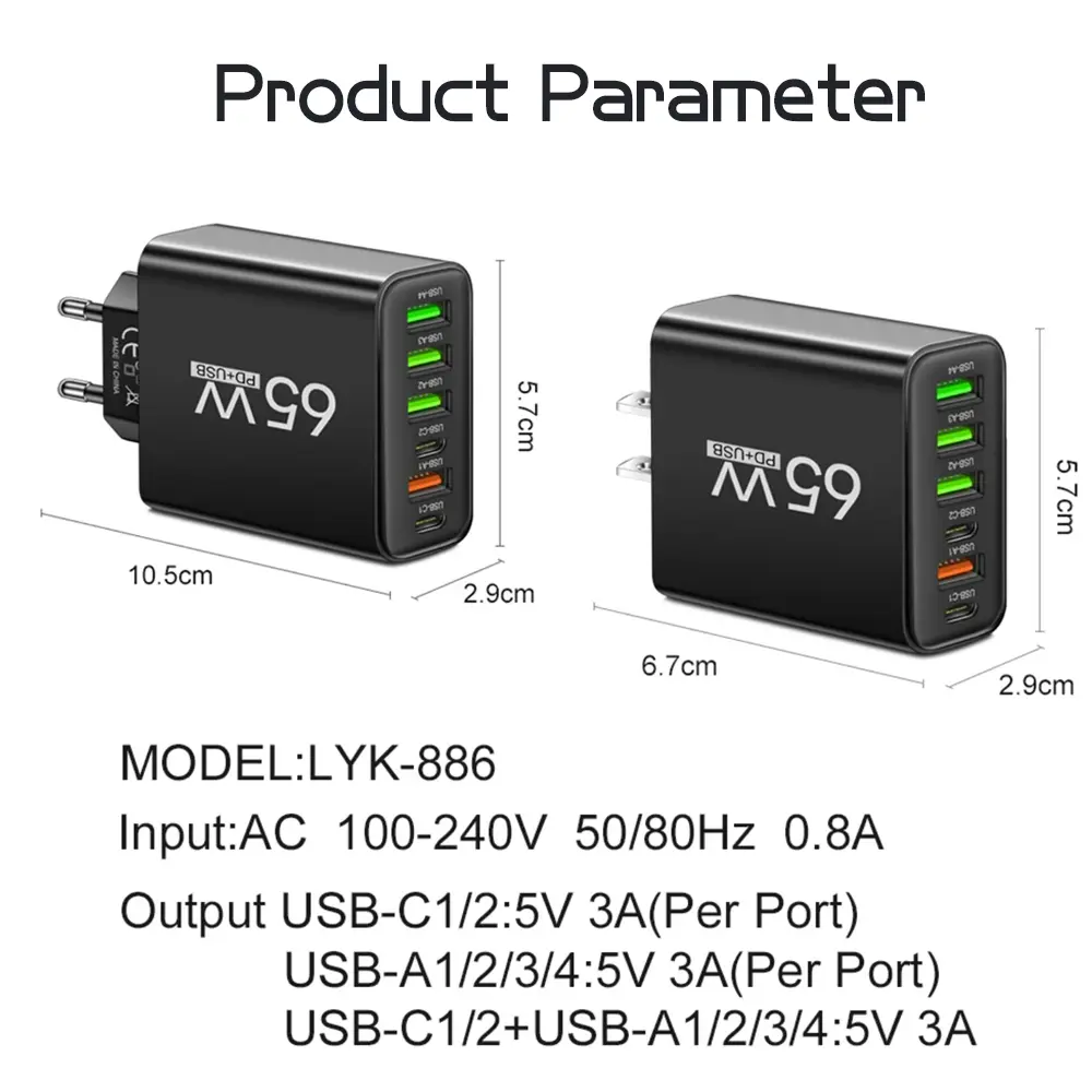 65W 6-port PD+USB Charger EU/US Plug Smartphone Fast Charging Wall Charger Mobile Phone Accessories For iPhone Samsung Xiaomi 15