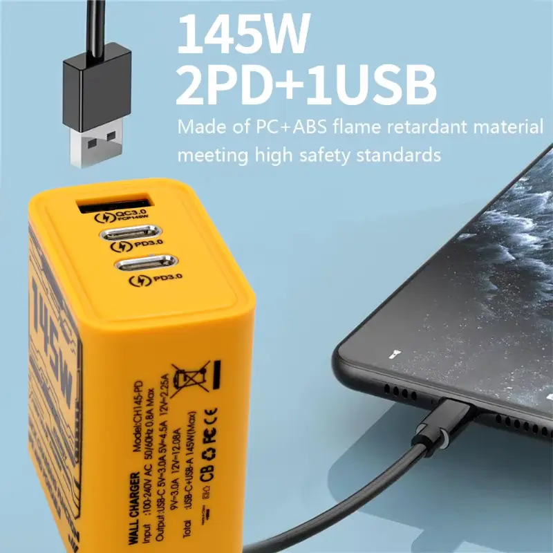 Xiaomi 145W Fast Charger Mech Style PD USB 3 Ports Charger Fast Travel Charger For iPhone Samsung Huawei Xiaomi EU US UK Plug