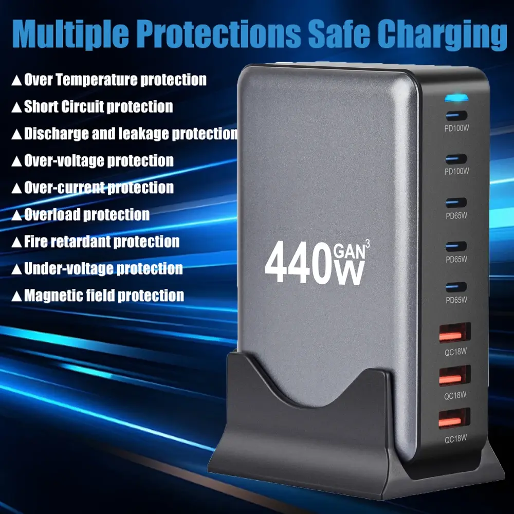 8 In 1 Multi Ports USB Charger 440W GaN Desktop Charging Station USB Fast Charge For iPhone 15 14 13,Samsung S24 S23,iPad mini