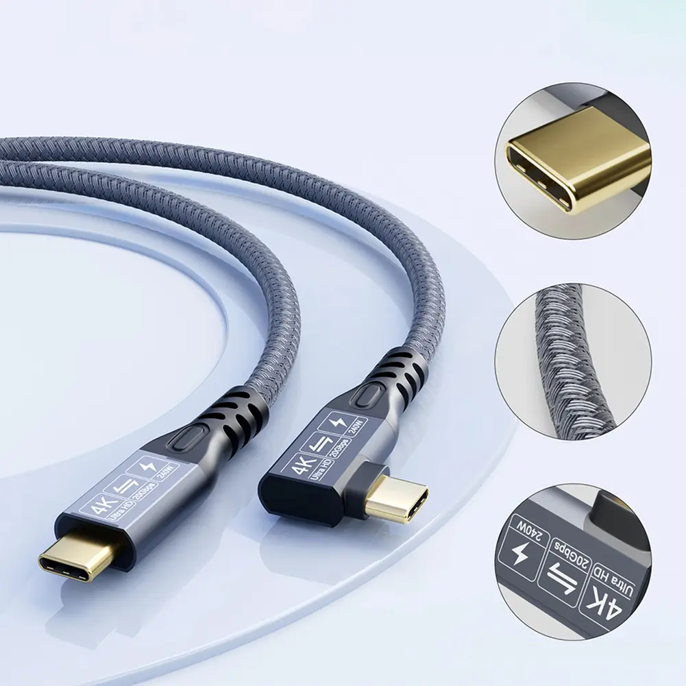 0.5/1/2/3M PD3.1 240W Type C To C Charger Cable 20Gbps Right Angle Fast Charger Type C Cable Braided Male To Male for Macbook PC
