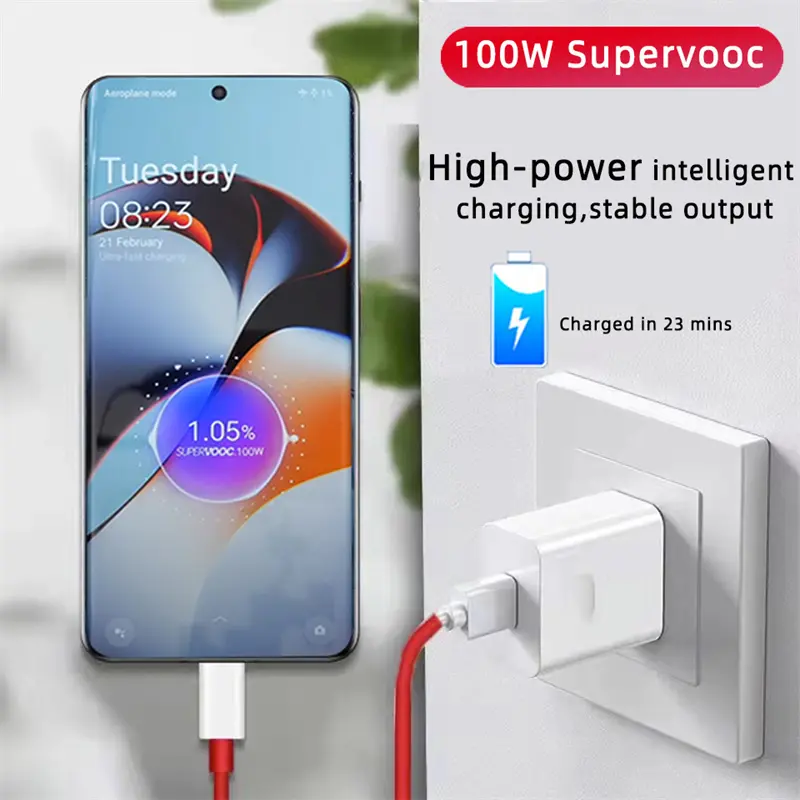 For Oneplus Original Charger 100W SuperVOOC Fast Charging Phone Adapter for Oneplus 13 10 11 12 Pro CE4 Lite USB to Type C Cable