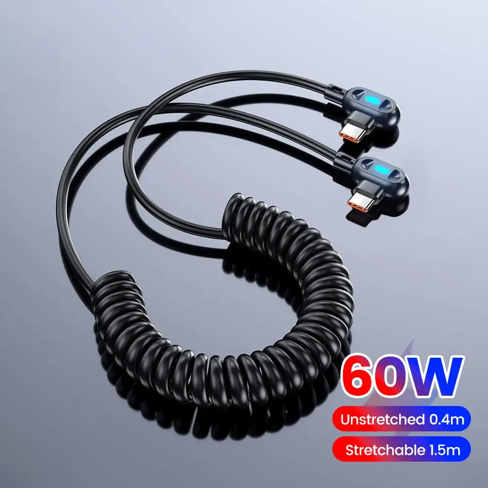 Olaf 60W Spring Telescopic USB C To Type C Fast Charging Cable For iPhone 15 16 Samsung Xiaomi 90° Elbow USB Type C Cable Wire