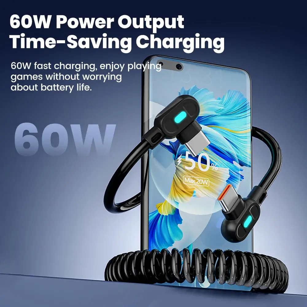 Olaf 60W Spring Telescopic USB C To Type C Fast Charging Cable For iPhone 15 16 Samsung Xiaomi 90° Elbow USB Type C Cable Wire