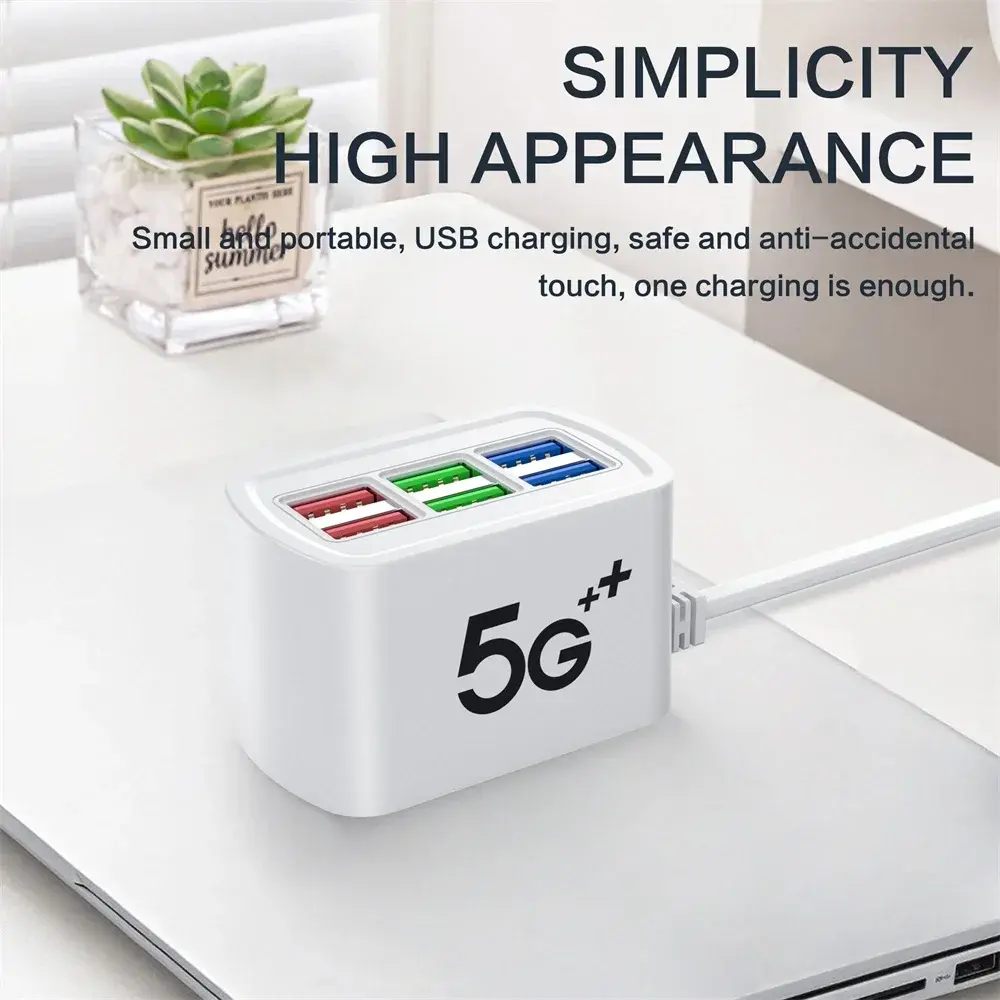 Fast Charging 6 in 1 USB Charger Power Strip Desktop Charging Station USB Hub Adapter Multi Port 1m Cord for iPhone Samsung Home