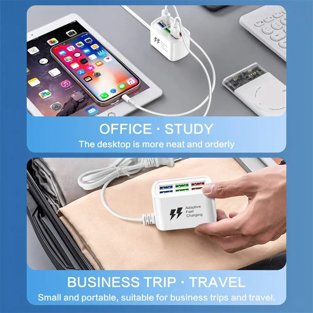 Fast Charging 6 in 1 USB Charger Power Strip Desktop Charging Station USB Hub Adapter Multi Port 1m Cord for iPhone Samsung Home