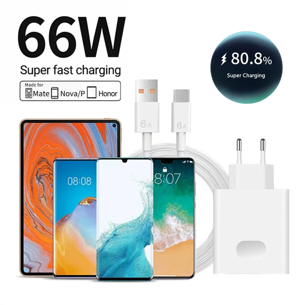 EU/US Plug USB Charger 66W Super Fast Charging QC3.0 Wall Charger 6A USB TypeC Cable For Xiaomi Huawei Mate 60 50 P60 P50 Nova10
