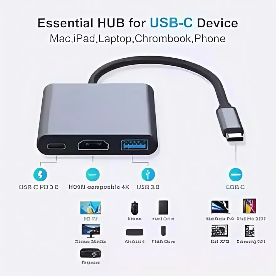USB C Hub Adapter 4K HDMI, 3-in-1 USB C Male to Female Converter with USB 3.0 & Charging for MacBook Air 12