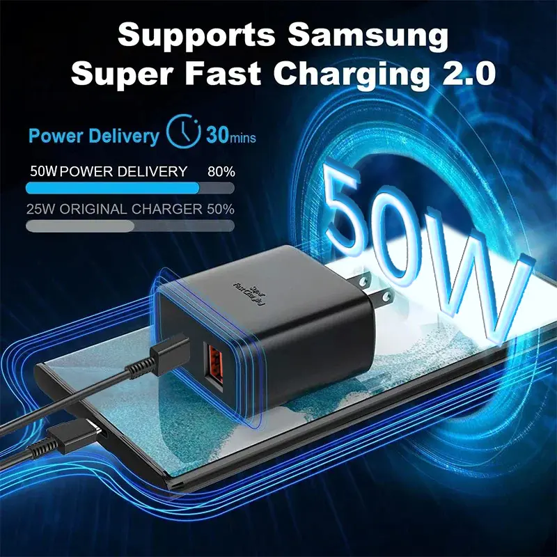 50W Original PD Fast Charger For Samsung Galaxy S23 S22 Ultra Note 10 Plus USB C To Type C Cable Quick Charge USB Phone Charger