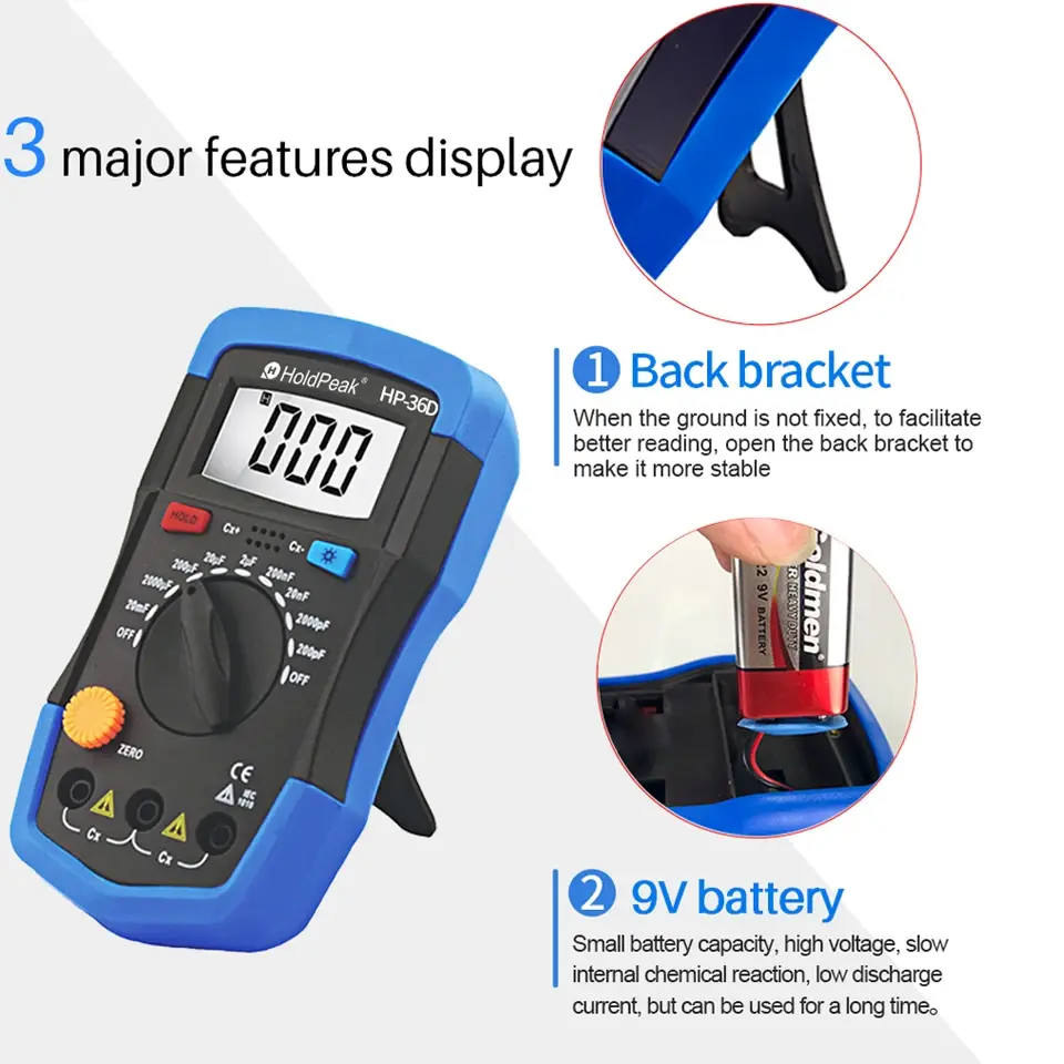 HoldPeak Capcitance Meter Handheld Capacimetro Manual 1999 Counts Capacitor Electronic LCD Capacitance Multimeter Tester HP-36D