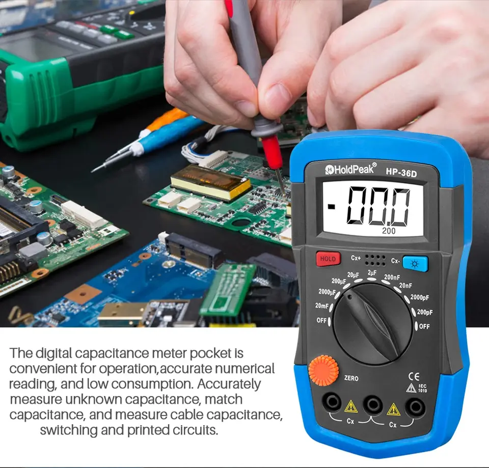 HoldPeak Capcitance Meter Handheld Capacimetro Manual 1999 Counts Capacitor Electronic LCD Capacitance Multimeter Tester HP-36D
