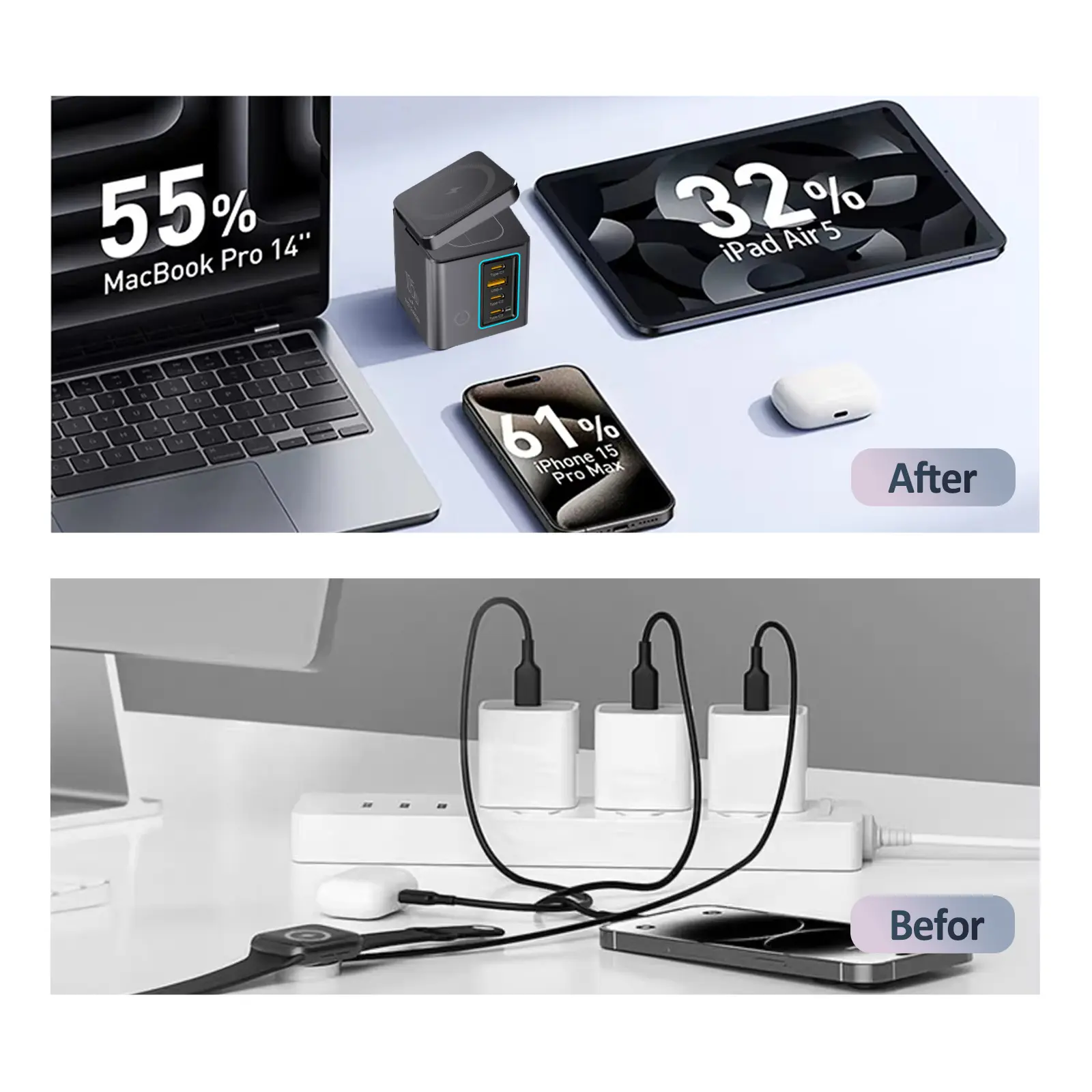 GaN 105W Magnetic Wireless Charger Stand 15W Fast Wireless Charging Desktop Dock Station For iPhone16 15 14 13 Airpod