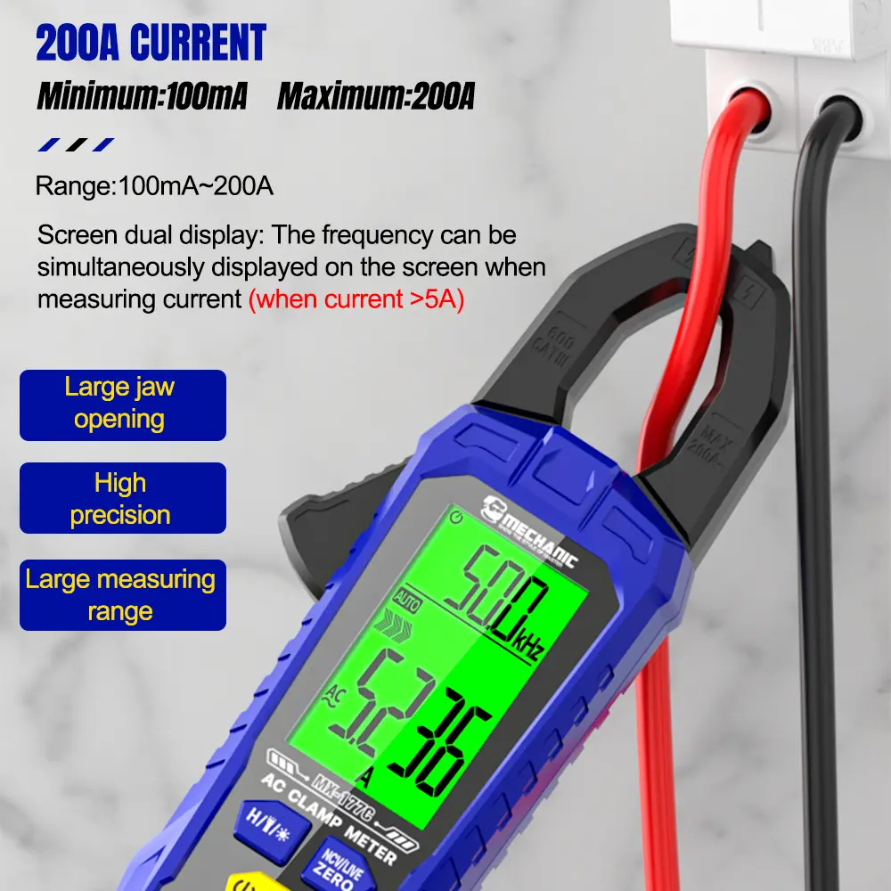 MECHANIC Professional Clamp Meter 200A AC DC Current 6000 Counts True RMS Digital Multimeter Capacitance Ohm Hz NCV Detection