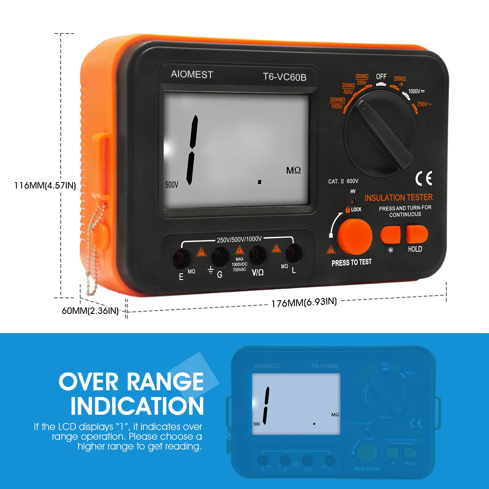Digital Insulation Resistance Tester, Megohmmeter Ohm Meter HP-VC60B+, Voltage Tester 250/500/1000V, Megohm Meter with Backlight