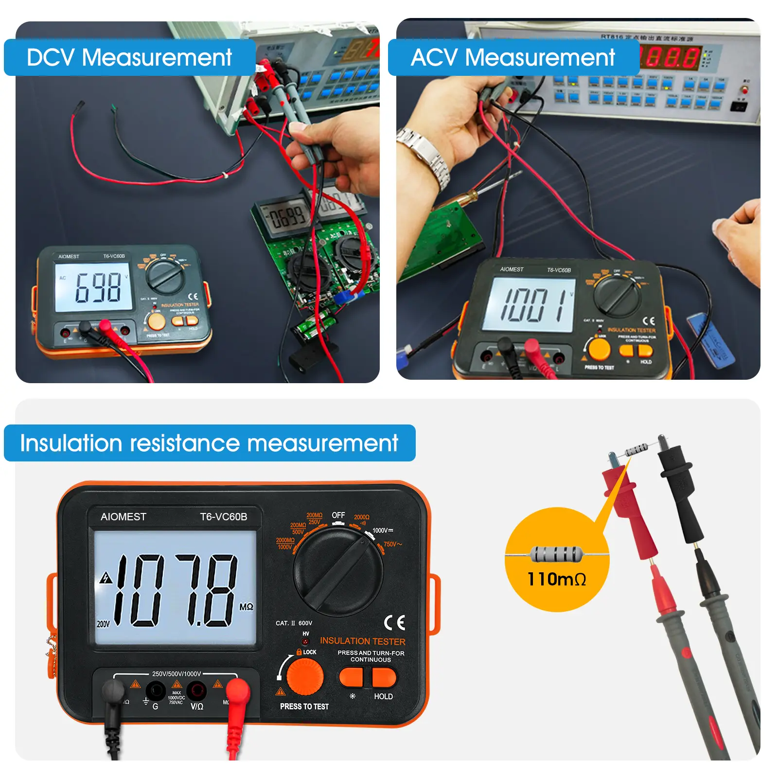 Digital Insulation Resistance Tester, Megohmmeter Ohm Meter HP-VC60B+, Voltage Tester 250/500/1000V, Megohm Meter with Backlight