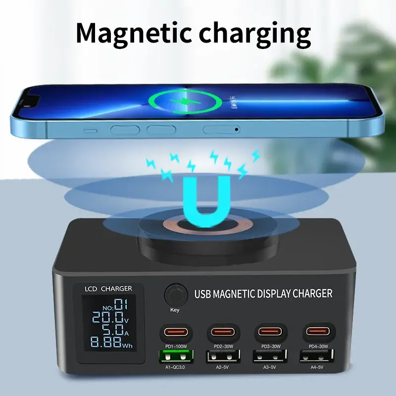 140W USB Type C Charger Magnetic Wireless Charging Multi Ports Fast Charger PD QC3.0 Charge For iPhone Xiaomi Samsung Laptop