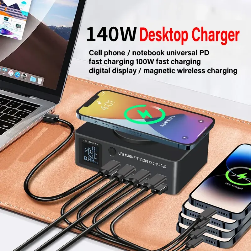 140W USB Type C Charger Magnetic Wireless Charging Multi Ports Fast Charger PD QC3.0 Charge For iPhone Xiaomi Samsung Laptop