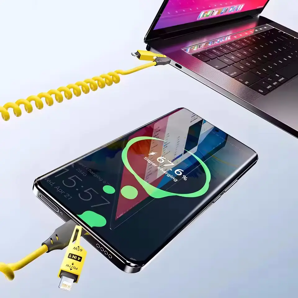 Zinc Alloy USB-C 4IN1 65w Fast Charging Cable for iPhone Usb Type C Cable For iPhone Xiaomi Samsung PD spring data cable#Color:Y