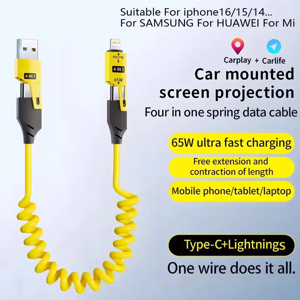 Zinc Alloy USB-C 4IN1 65w Fast Charging Cable for iPhone Usb Type C Cable For iPhone Xiaomi Samsung PD spring data cable#Color:Y
