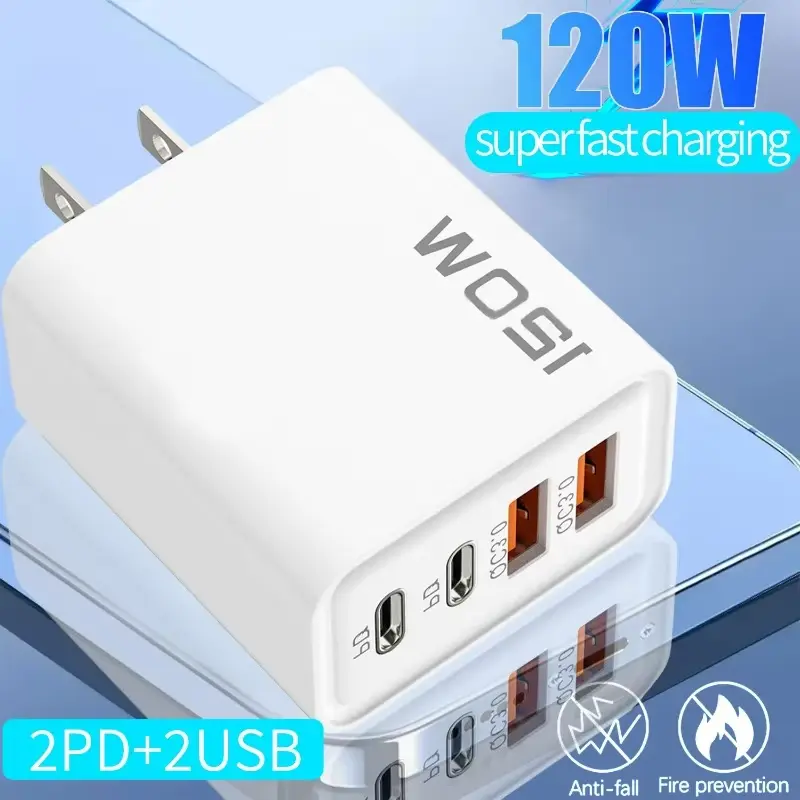 120W Fast Charging 4 Ports USB C PD Charger Quick Charge 3.0 USB Type C Mobile Phone Adapter for iPhone 16 15 14 Samsung Xiaomi