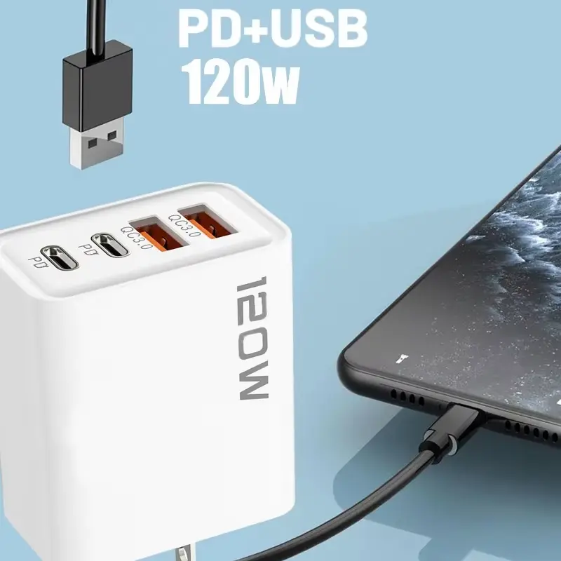 120W Fast Charging 4 Ports USB C PD Charger Quick Charge 3.0 USB Type C Mobile Phone Adapter for iPhone 16 15 14 Samsung Xiaomi