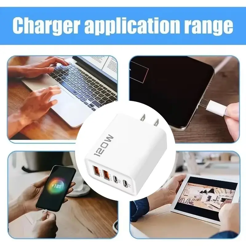 120W Fast Charging 4 Ports USB C PD Charger Quick Charge 3.0 USB Type C Mobile Phone Adapter for iPhone 16 15 14 Samsung Xiaomi