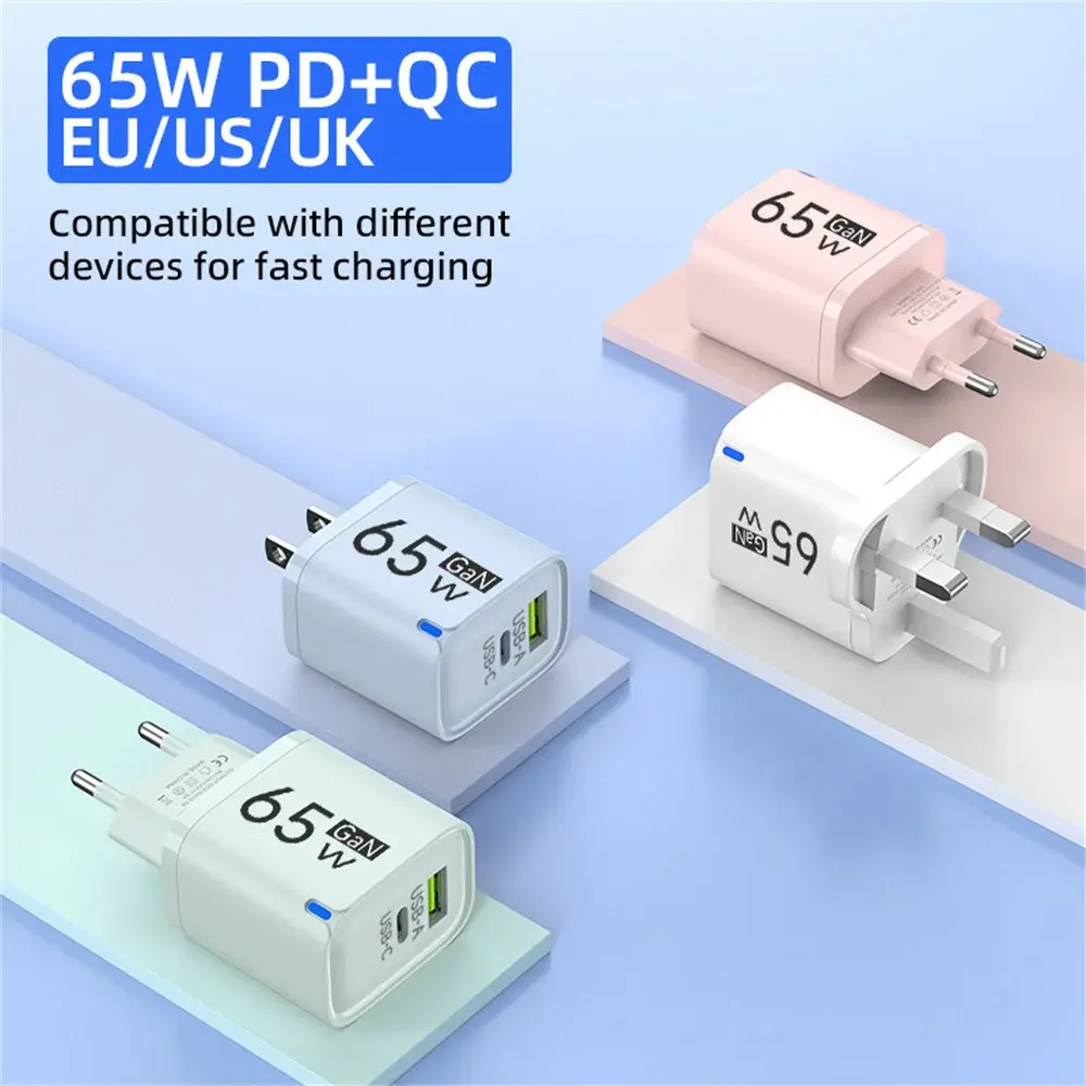 GaN Charger 65W USB C Quick Charge PD Type C QC 3.0 Fast Charging for iPhone 16 Pro Max Xiaomi Huawei Mobile Phone Wall Adapter