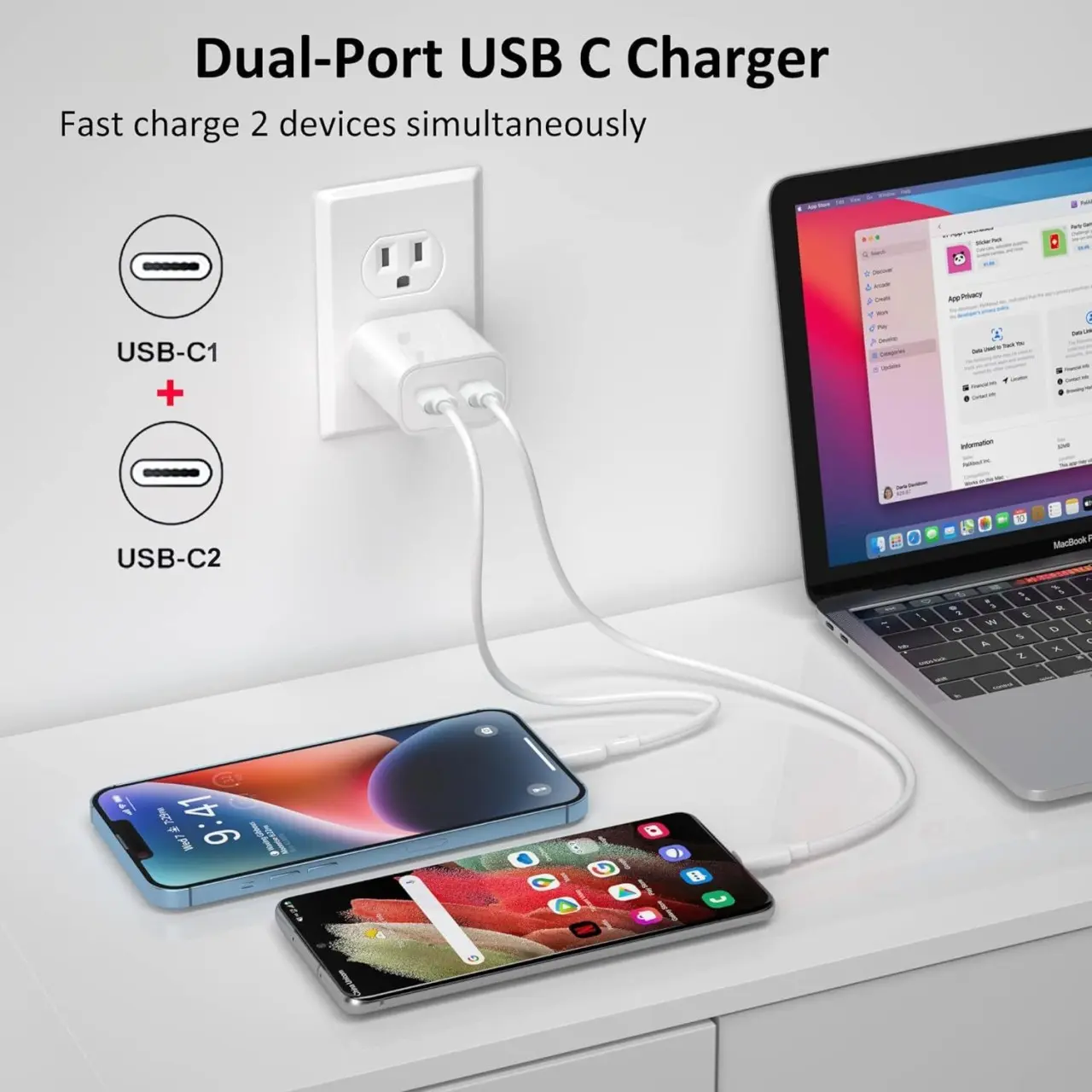 20W Dual Port USB C+C PD Fast Charging Block Wall Plug Adapter with 100cm Cable for iPhone 16 15 14 13 12 Pro/Max,iPad,AirPods