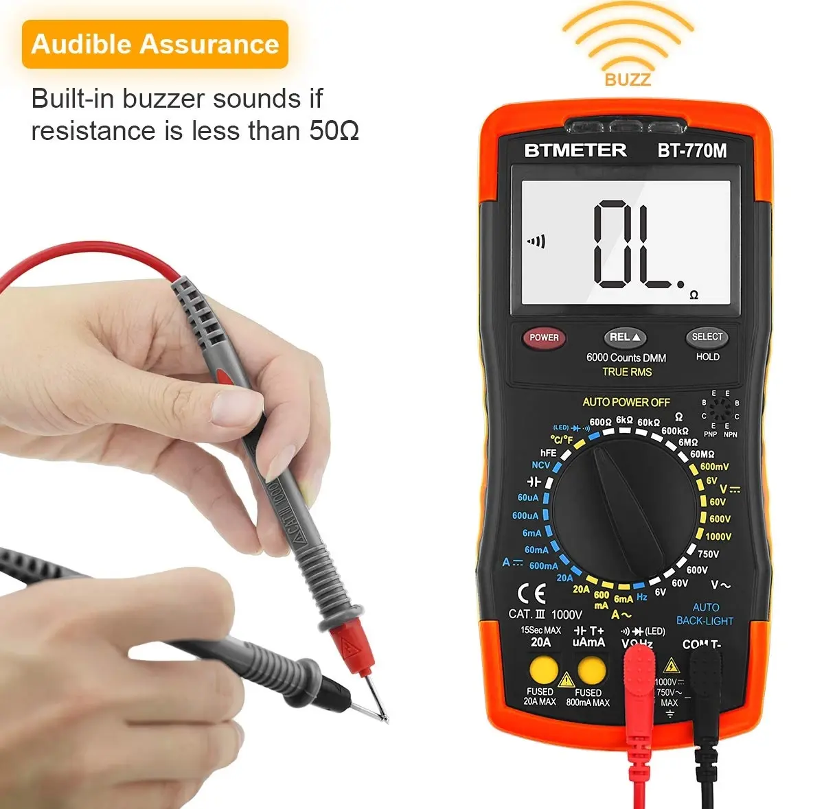 Auto Tester Digital Multimeter TRMS 6000 Counts Ohm Capacitance Frequency NCV with BT-605A Clamp Adapter 600A BTMETER BT-770M