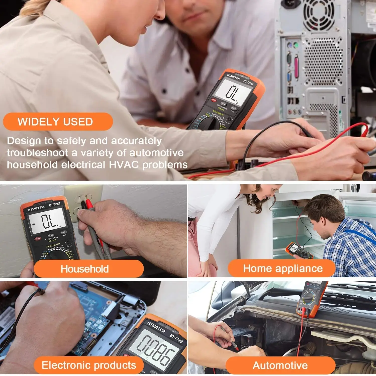 Auto Tester Digital Multimeter TRMS 6000 Counts Ohm Capacitance Frequency NCV with BT-605A Clamp Adapter 600A BTMETER BT-770M