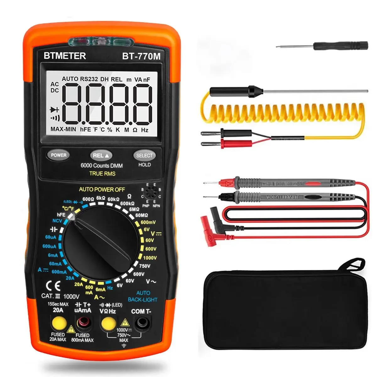 Auto Tester Digital Multimeter TRMS 6000 Counts Ohm Capacitance Frequency NCV with BT-605A Clamp Adapter 600A BTMETER BT-770M