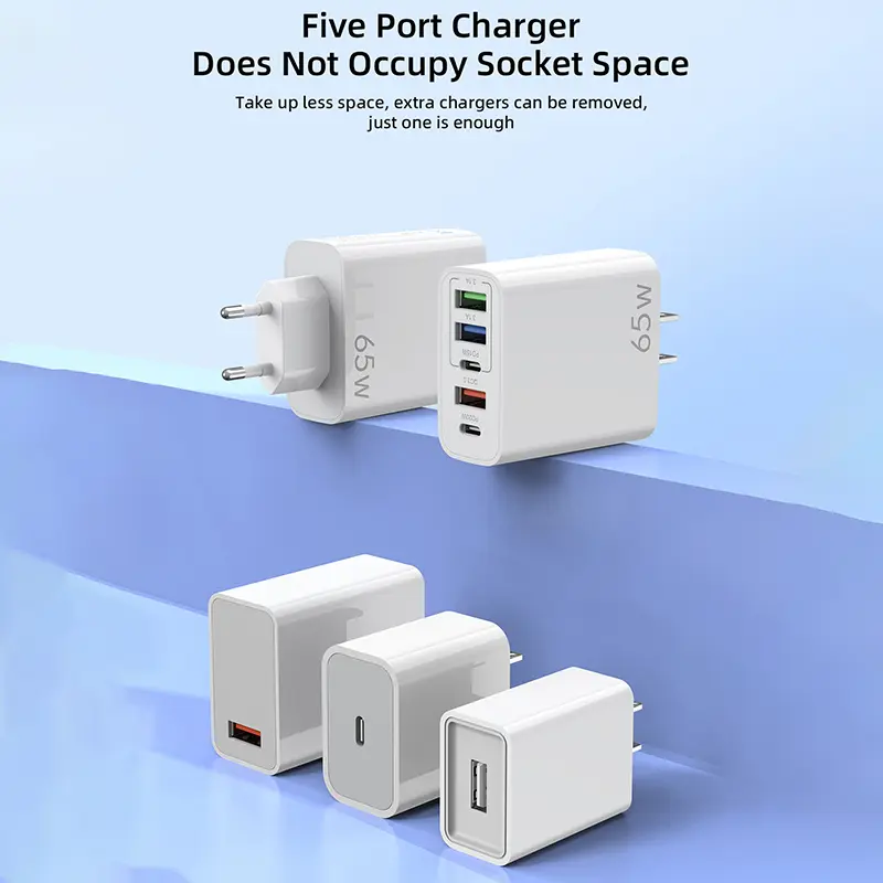 65W Mobile Phone Charger Fast Charge 3USB&PD20W Type-c Port Travel Multi-function Charger For US EU Uk Suitable For Iphone