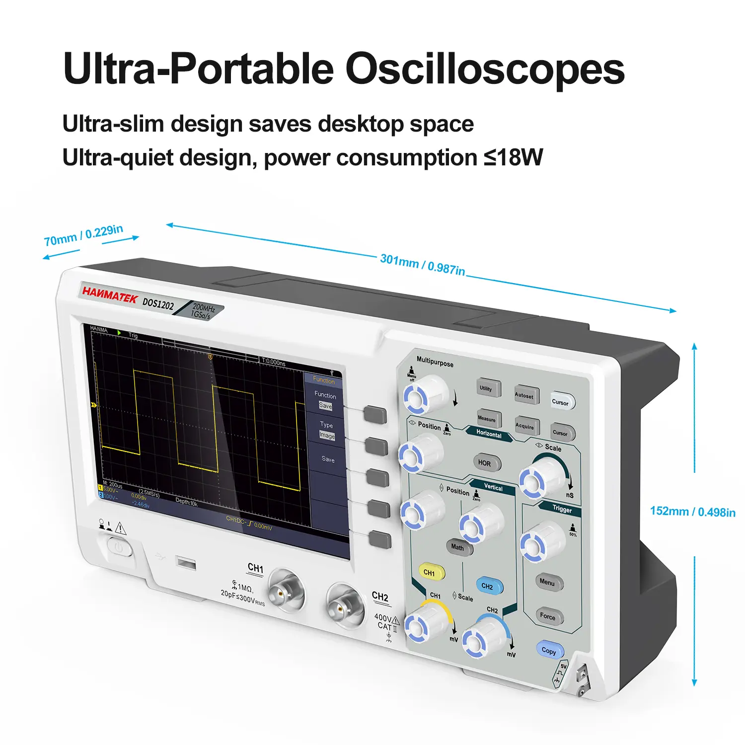 Hanmatek Digital Oscilloscope 2 Channels 200MhZ Bandwidth Display Sampling Oscilloscope 7-inch TFT Storage Desktop Oscilloscope