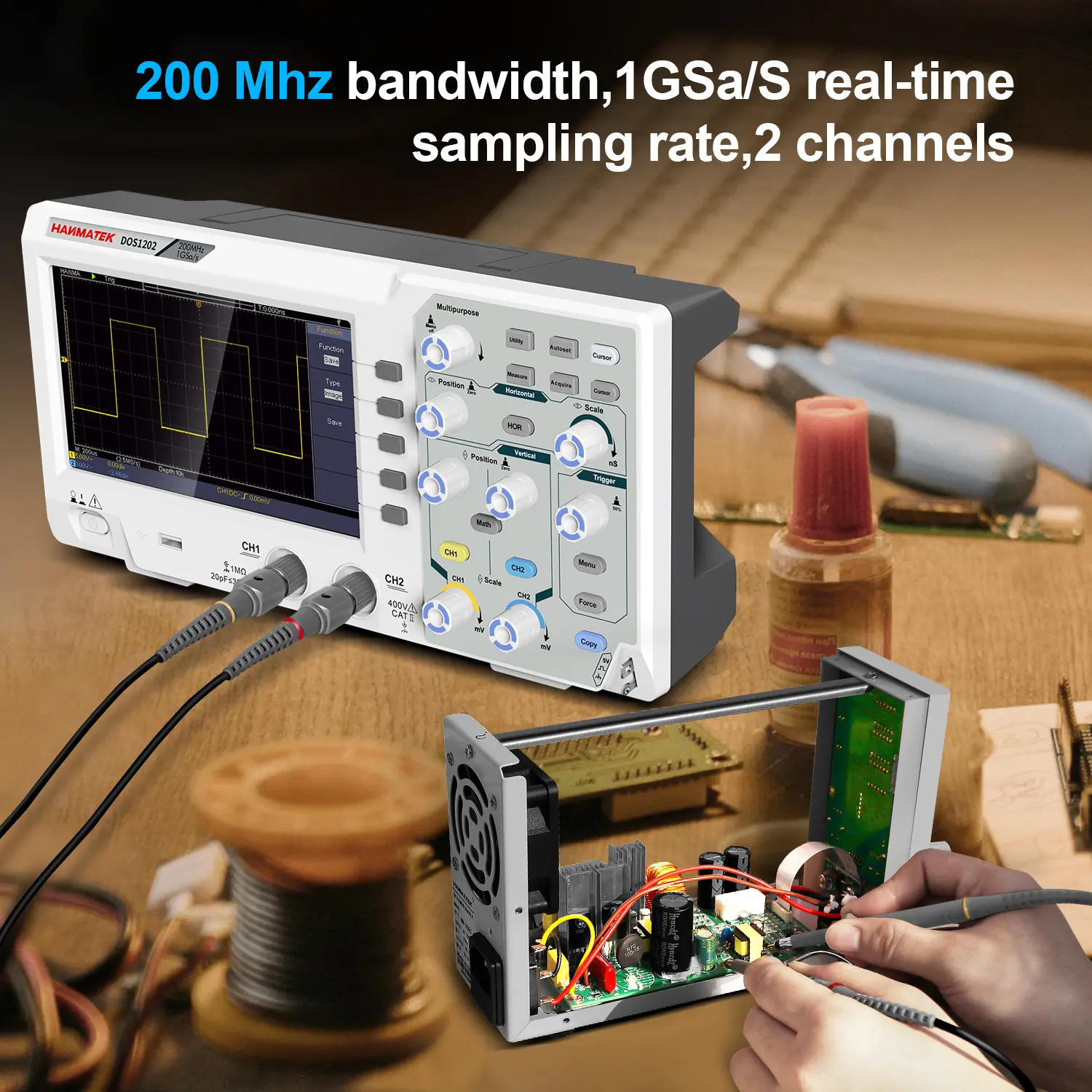Hanmatek Digital Oscilloscope 2 Channels 200MhZ Bandwidth Display Sampling Oscilloscope 7-inch TFT Storage Desktop Oscilloscope
