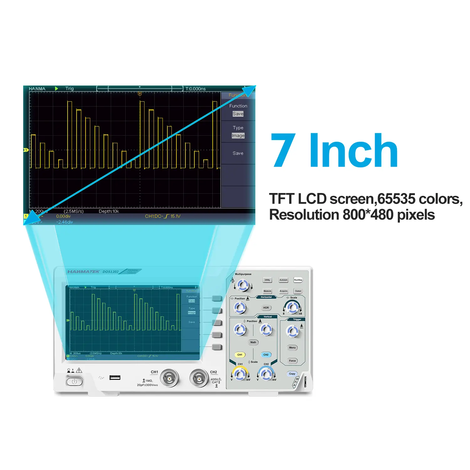 Hanmatek Digital Oscilloscope 2 Channels 200MhZ Bandwidth Display Sampling Oscilloscope 7-inch TFT Storage Desktop Oscilloscope