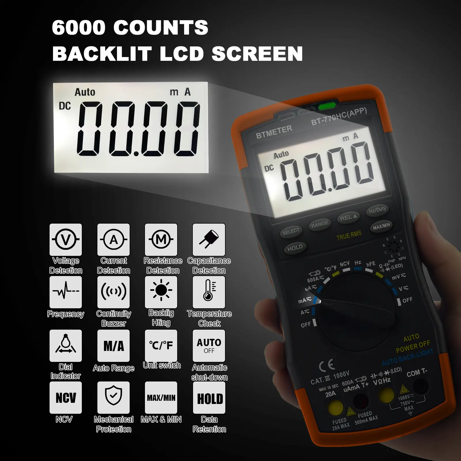 BTMETER Digital Multimeter Wireless Bluetooth True RMS 6000 Counts Auto Ranging AC/DC Voltage Current with APP  BT-770HC-APP
