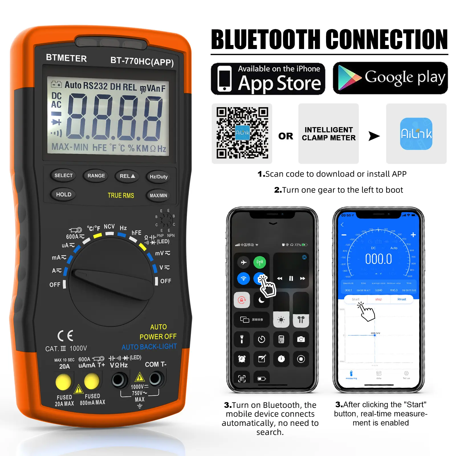 BTMETER Digital Multimeter Wireless Bluetooth True RMS 6000 Counts Auto Ranging AC/DC Voltage Current with APP  BT-770HC-APP