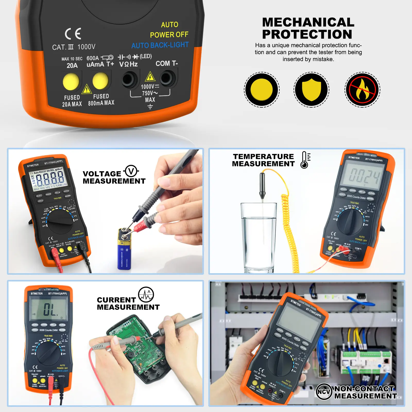 BTMETER Digital Multimeter Wireless Bluetooth True RMS 6000 Counts Auto Ranging AC/DC Voltage Current with APP  BT-770HC-APP